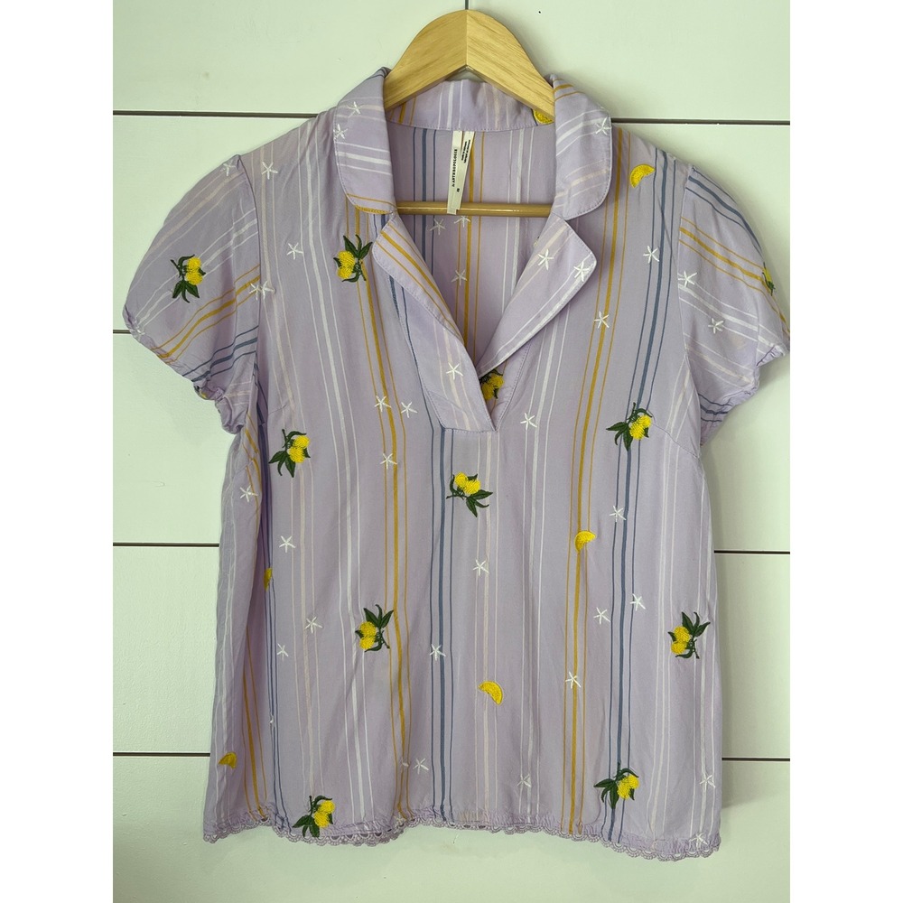 Anthropologie Lavender Lemon Embroidered Striped V-Neck Blouse XS